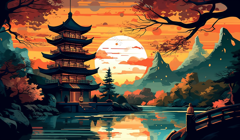 晚霞夕阳背景橙色古建筑和树木湖泊倒影国潮山水插画,插画/手绘图,插画/手绘图库,插画/手绘图下载,插画/手绘